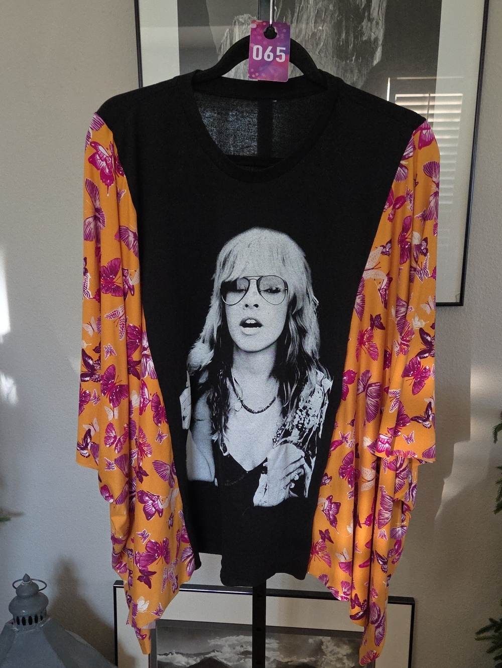 #65 Black Graphic Tee with Yellow & Purple Butterfly Kimono